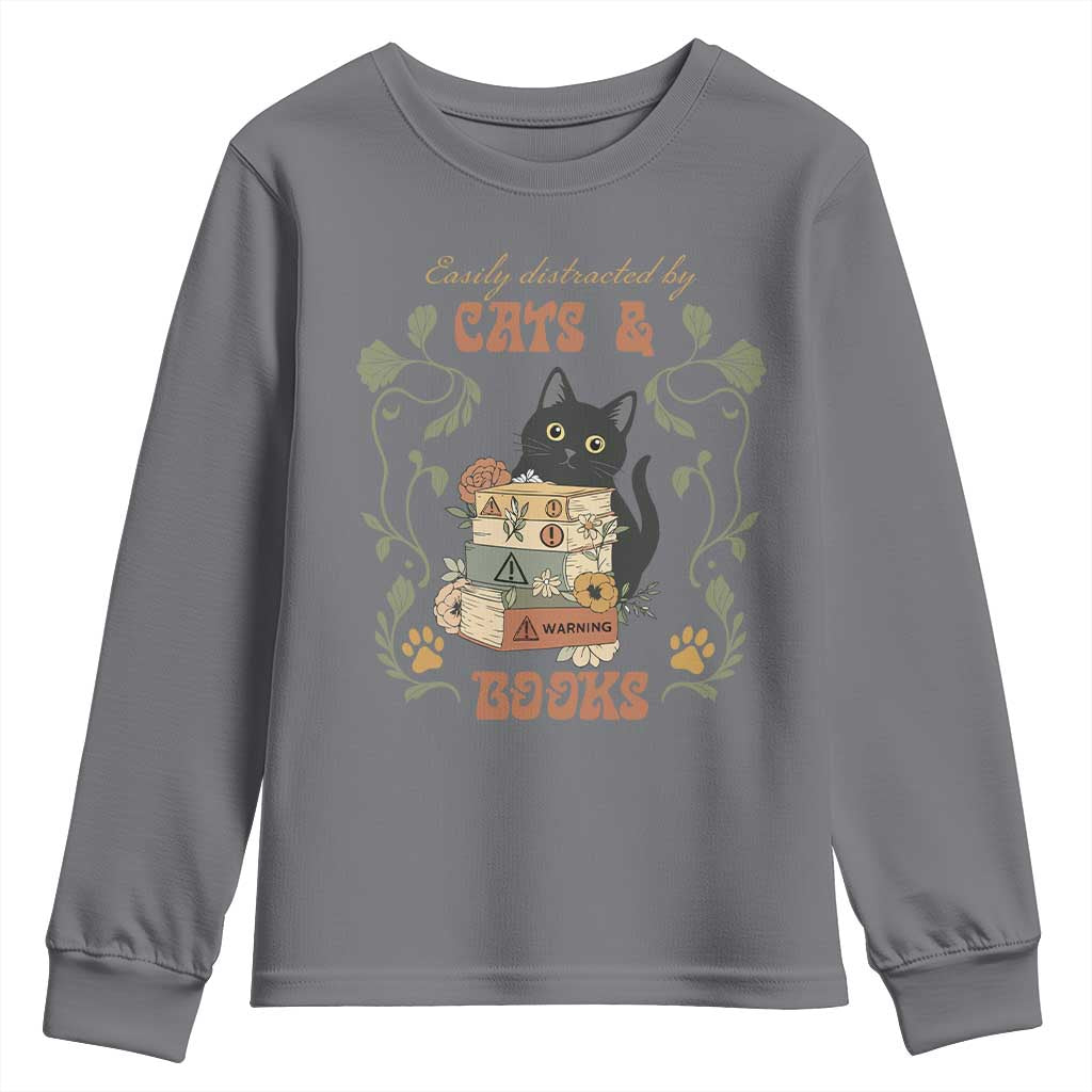 Cute Bookworm Gift Youth Sweatshirt Easily Distracted By Cats And Books TS12 Charcoal Print Your Wear