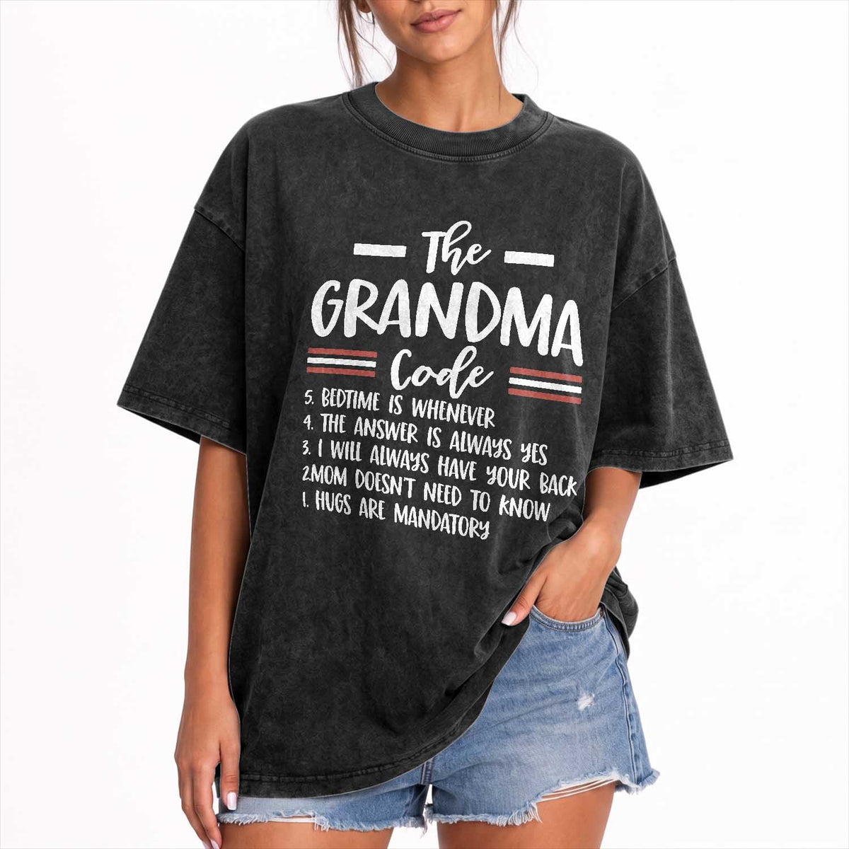 The Grandma Code Washed Cotton T-Shirt Humorous Grandmother Rules Graphic