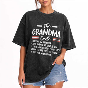 The Grandma Code Washed Cotton T-Shirt Humorous Grandmother Rules Graphic