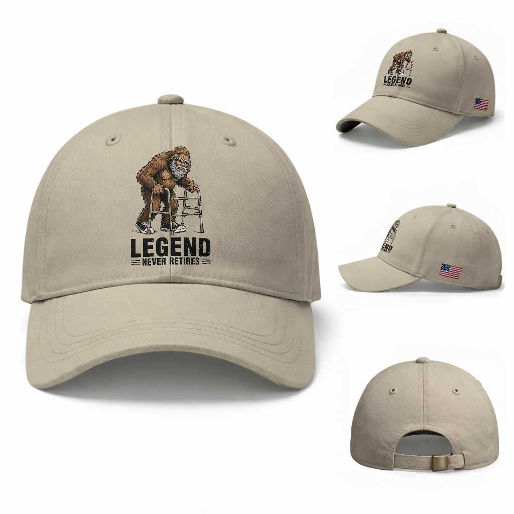Funny Old Bigfoot Retirement Gift Baseball Cap Legend Never Retires TS12 Baseball Cap Universal Fit Beige Print Your Wear