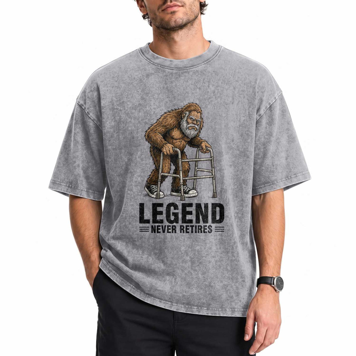 Funny Old Bigfoot Retirement Gift Washed Cotton T-Shirt Legend Never Retires