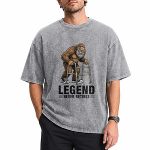 Funny Old Bigfoot Retirement Gift Washed Cotton T-Shirt Legend Never Retires