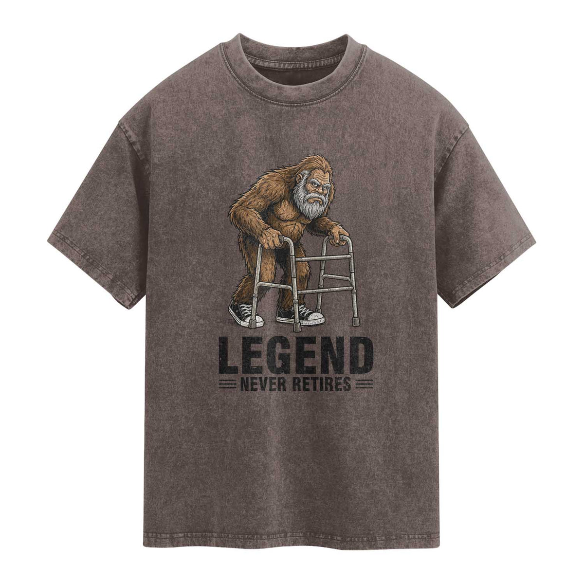 Funny Old Bigfoot Retirement Gift Washed Cotton T-Shirt Legend Never Retires