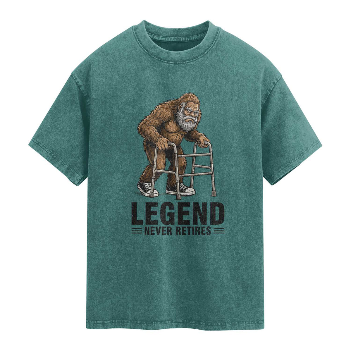 Funny Old Bigfoot Retirement Gift Washed Cotton T-Shirt Legend Never Retires