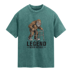 Funny Old Bigfoot Retirement Gift Washed Cotton T-Shirt Legend Never Retires