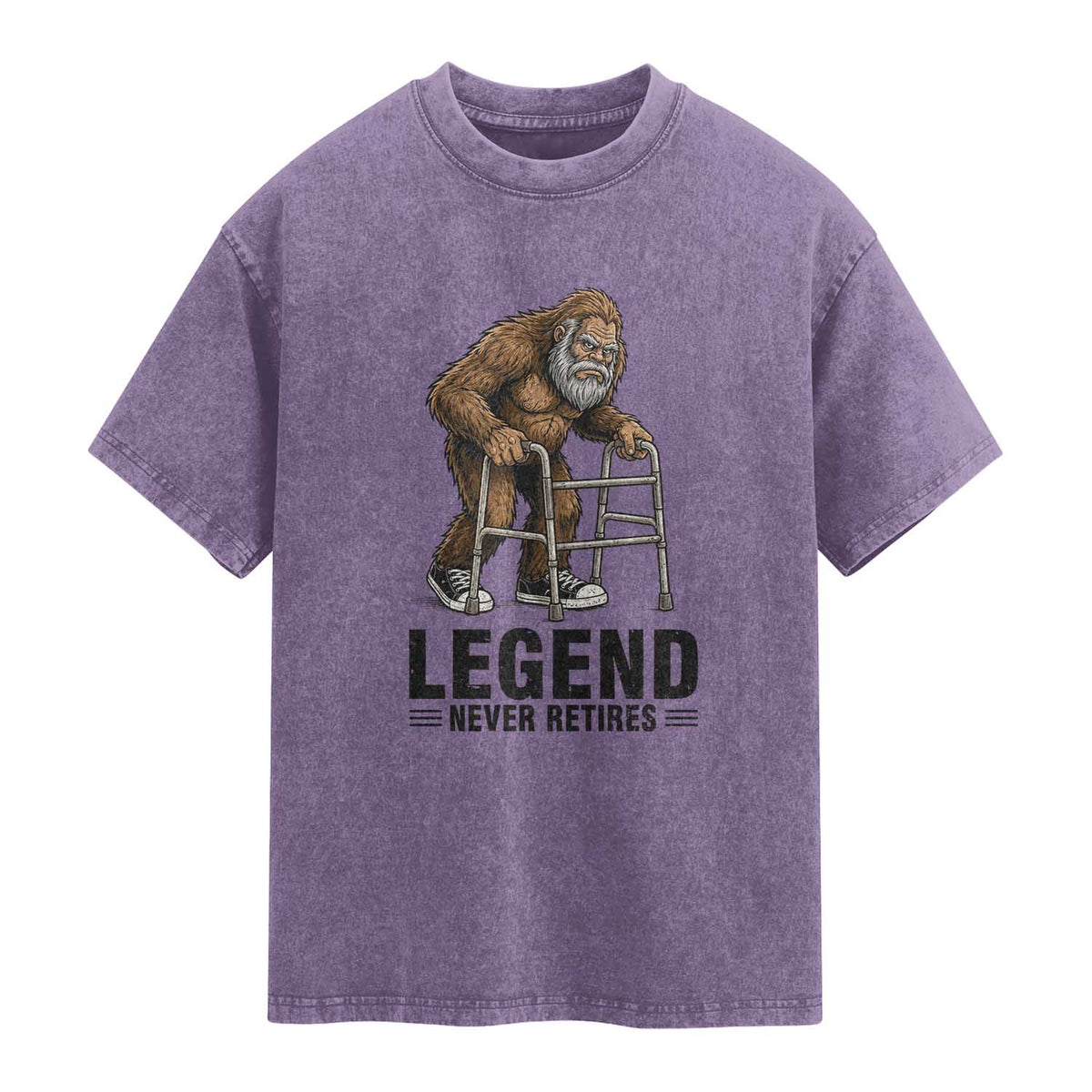 Funny Old Bigfoot Retirement Gift Washed Cotton T-Shirt Legend Never Retires