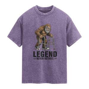 Funny Old Bigfoot Retirement Gift Washed Cotton T-Shirt Legend Never Retires