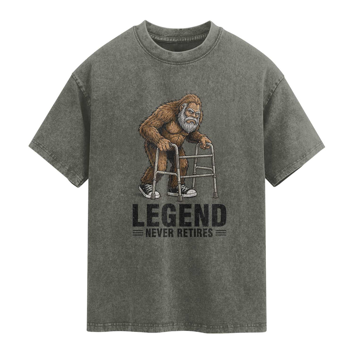 Funny Old Bigfoot Retirement Gift Washed Cotton T-Shirt Legend Never Retires