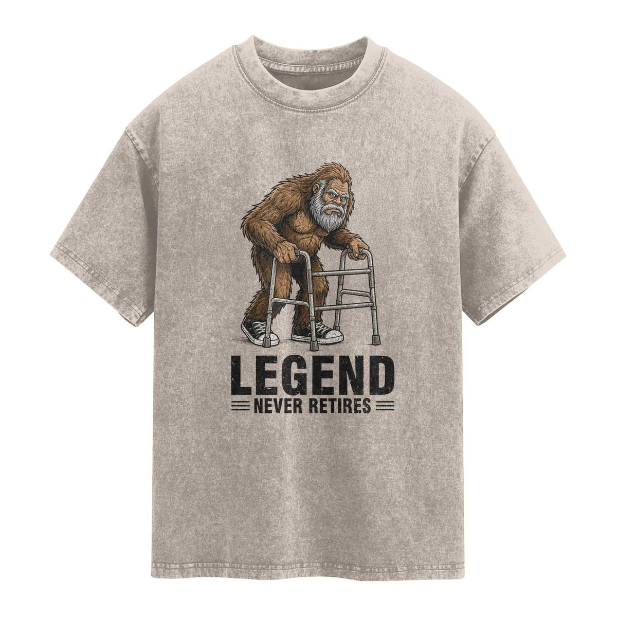 Funny Old Bigfoot Retirement Gift Washed Cotton T-Shirt Legend Never Retires