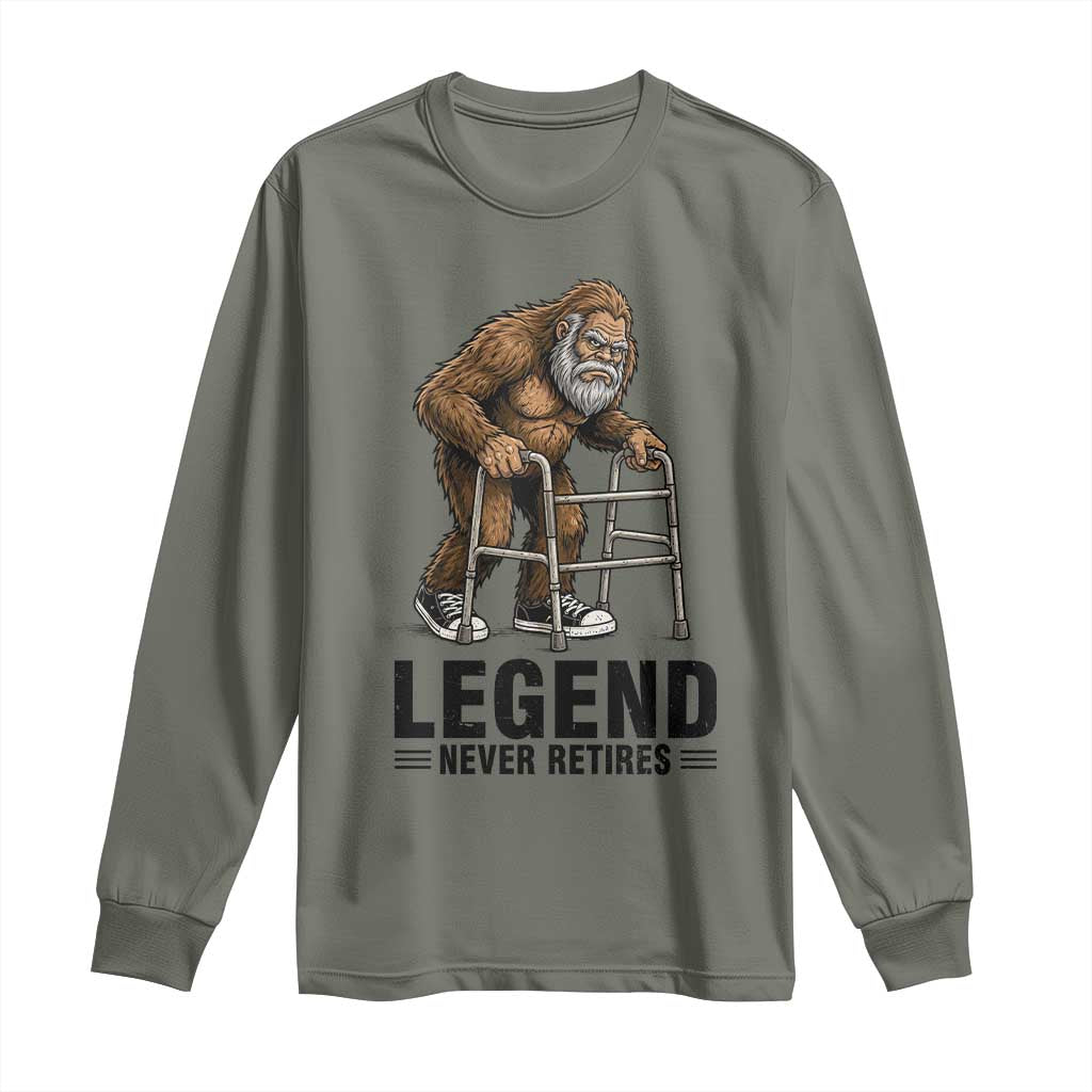 Funny Old Bigfoot Retirement Gift Long Sleeve Shirt Legend Never Retires TS12 Military Green Print Your Wear