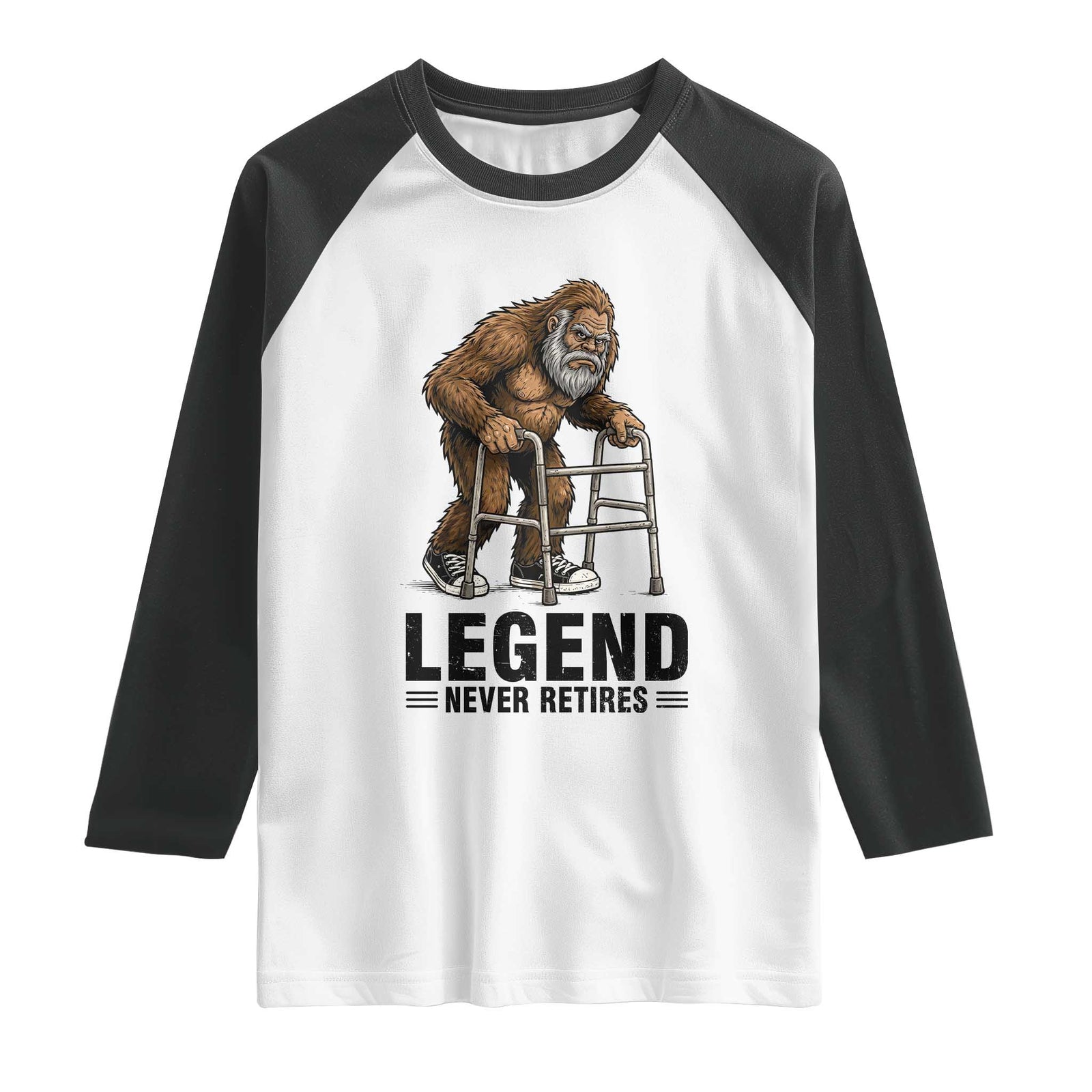 Funny Old Bigfoot Retirement Gift Raglan Shirt Legend Never Retires TS12 White Black Print Your Wear