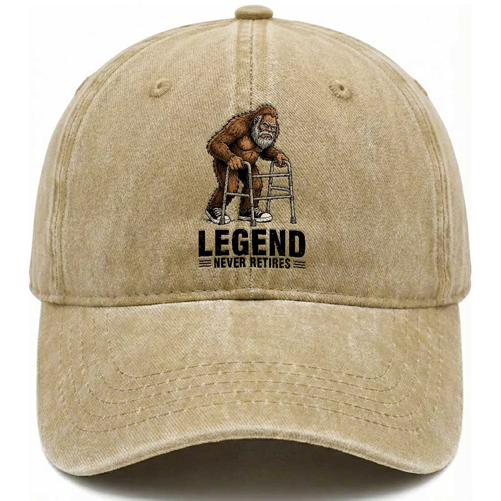 Funny Old Bigfoot Retirement Gift Washed Cotton Baseball Cap Legend Never Retires TS12 Print Your Wear