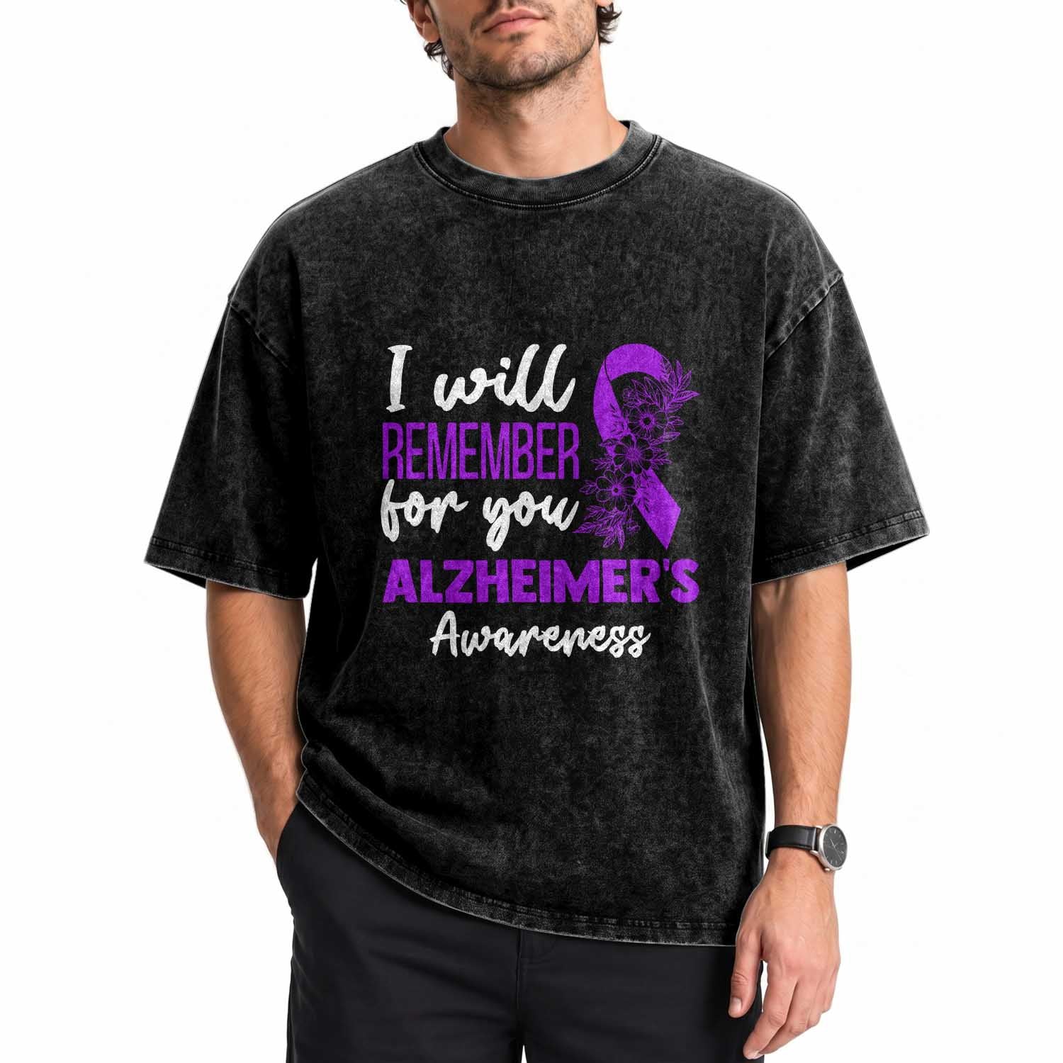 Alzheimers Caregiver Support Purple Ribbon Washed Cotton T-Shirt I Will Remember For You