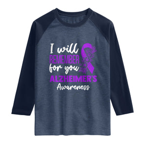 Alzheimers Caregiver Support Purple Ribbon Raglan Shirt I Will Remember For You TS12 Heather Denim Navy Print Your Wear