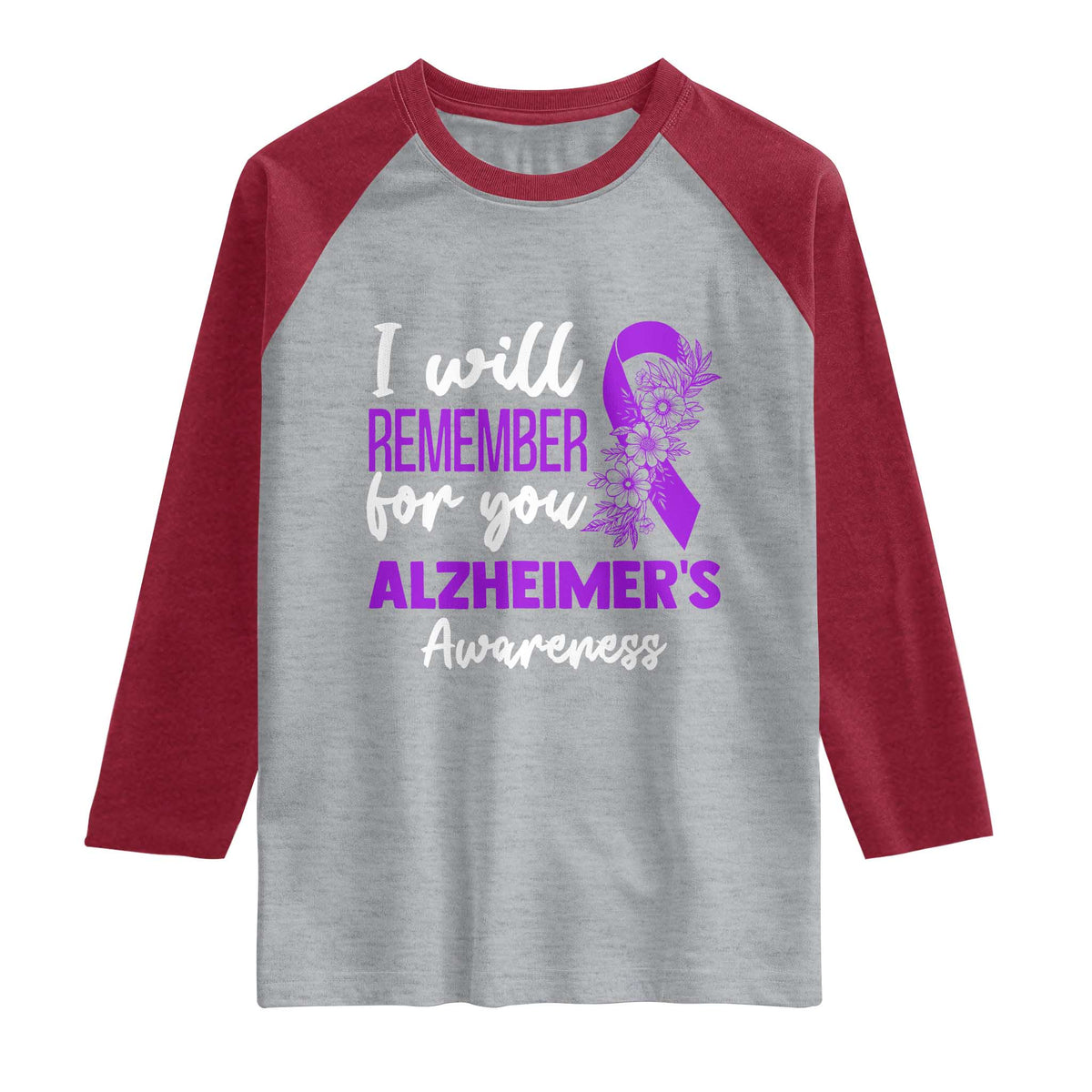 Alzheimers Caregiver Support Purple Ribbon Raglan Shirt I Will Remember For You TS12 Heather Gray Heather Red Print Your Wear