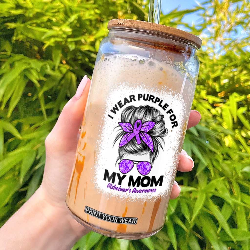I Wear Purple For My Mom Glass Can Alzheimers Awareness Messy Bun Graphic TS12 Black Print Your Wear