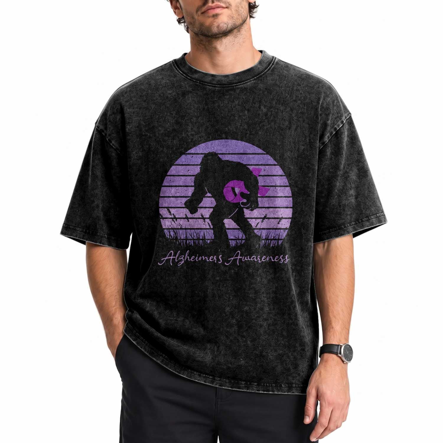 Vintage Bigfoot Alzheimers Awareness Washed Cotton T-Shirt Purple Ribbon Support Graphic