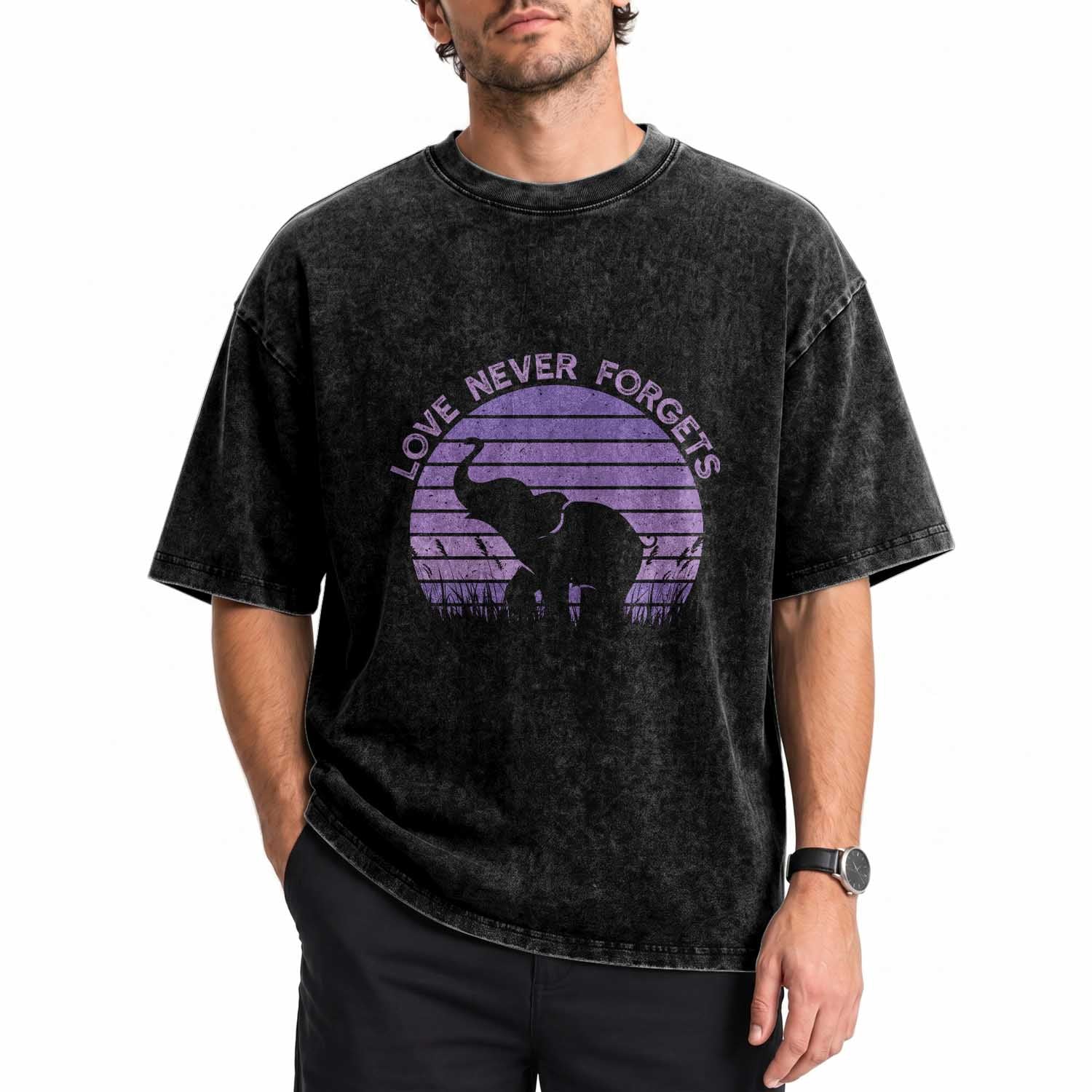 Alzheimer's Awareness Support Washed Cotton T-Shirt Vintage Elephant Love Never Forgets