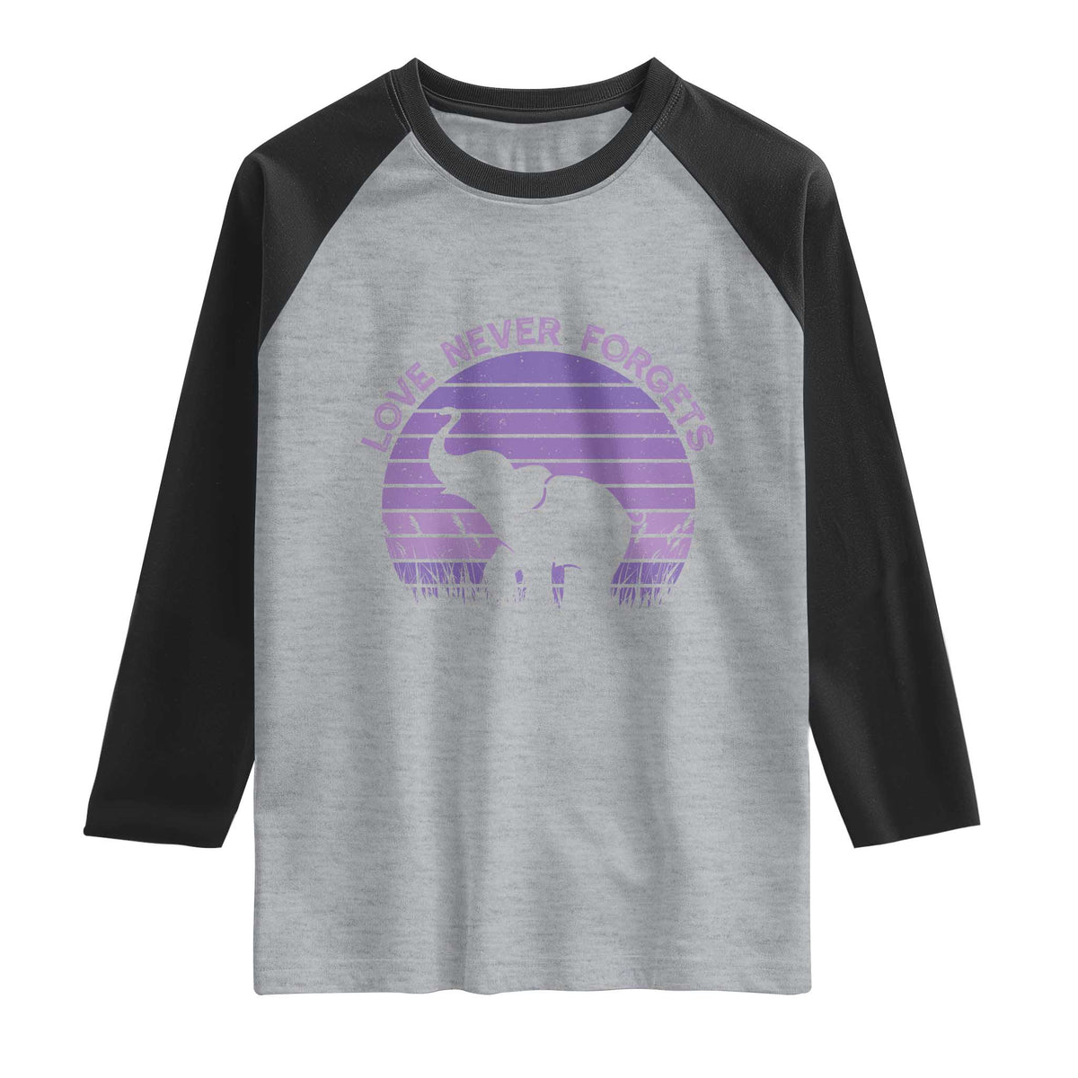 Alzheimer's Awareness Support Raglan Shirt Vintage Elephant Love Never Forgets TS12 Heather Gray Black Print Your Wear