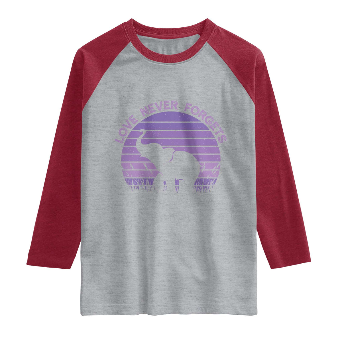 Alzheimer's Awareness Support Raglan Shirt Vintage Elephant Love Never Forgets TS12 Heather Gray Heather Red Print Your Wear
