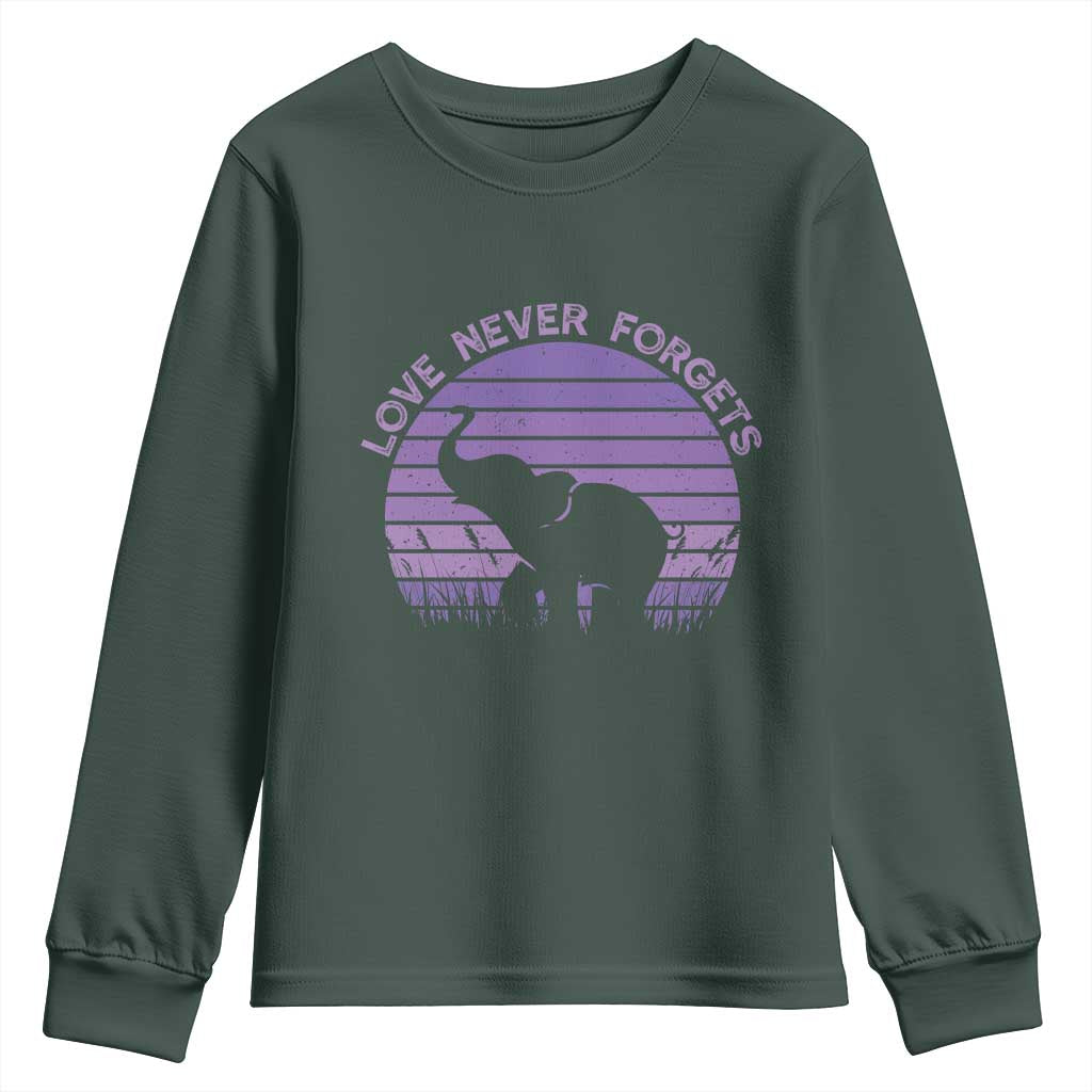Alzheimer's Awareness Support Youth Sweatshirt Vintage Elephant Love Never Forgets TS12 Dark Forest Green Print Your Wear