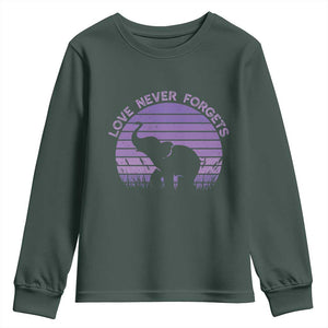 Alzheimer's Awareness Support Youth Sweatshirt Vintage Elephant Love Never Forgets TS12 Dark Forest Green Print Your Wear