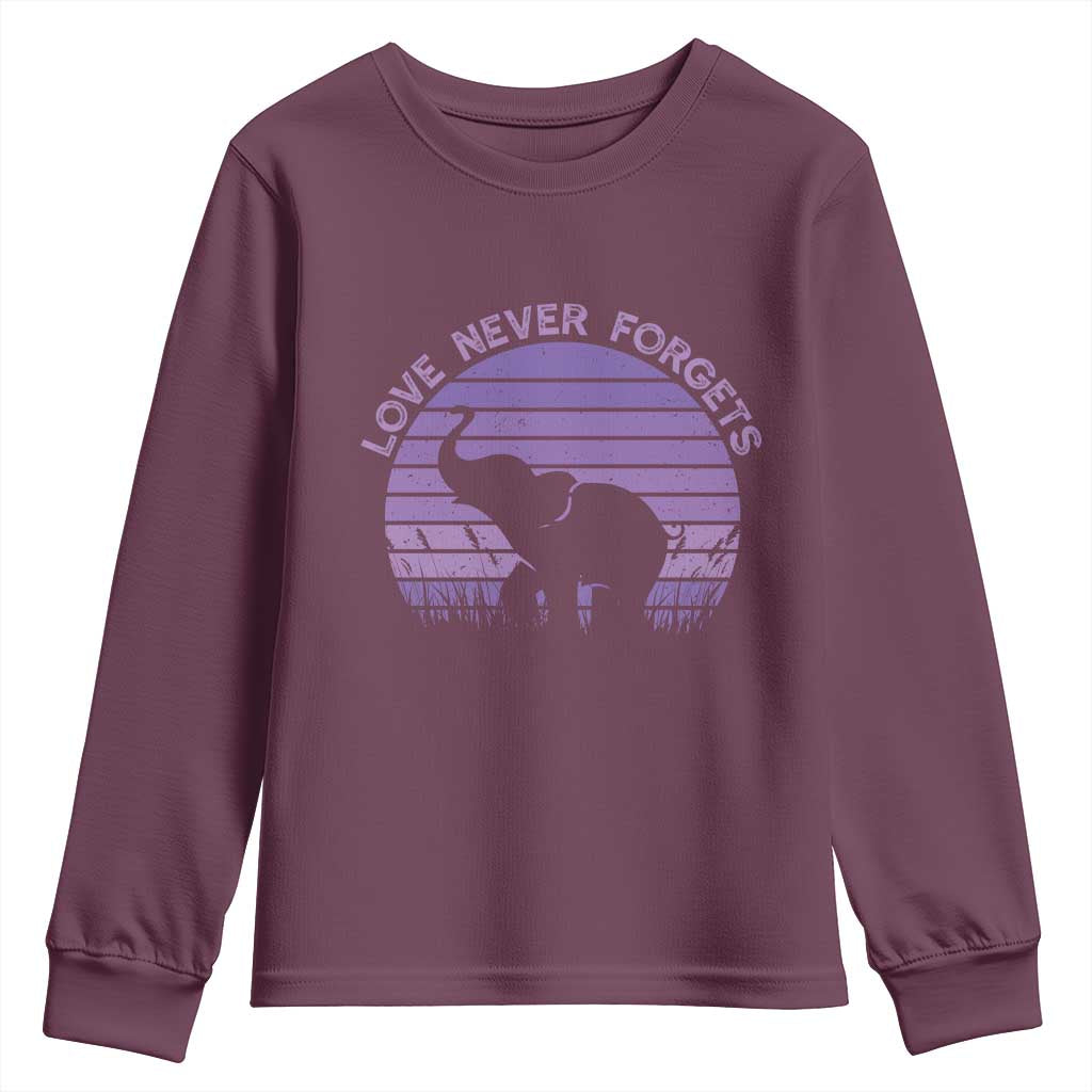 Alzheimer's Awareness Support Youth Sweatshirt Vintage Elephant Love Never Forgets TS12 Maroon Print Your Wear