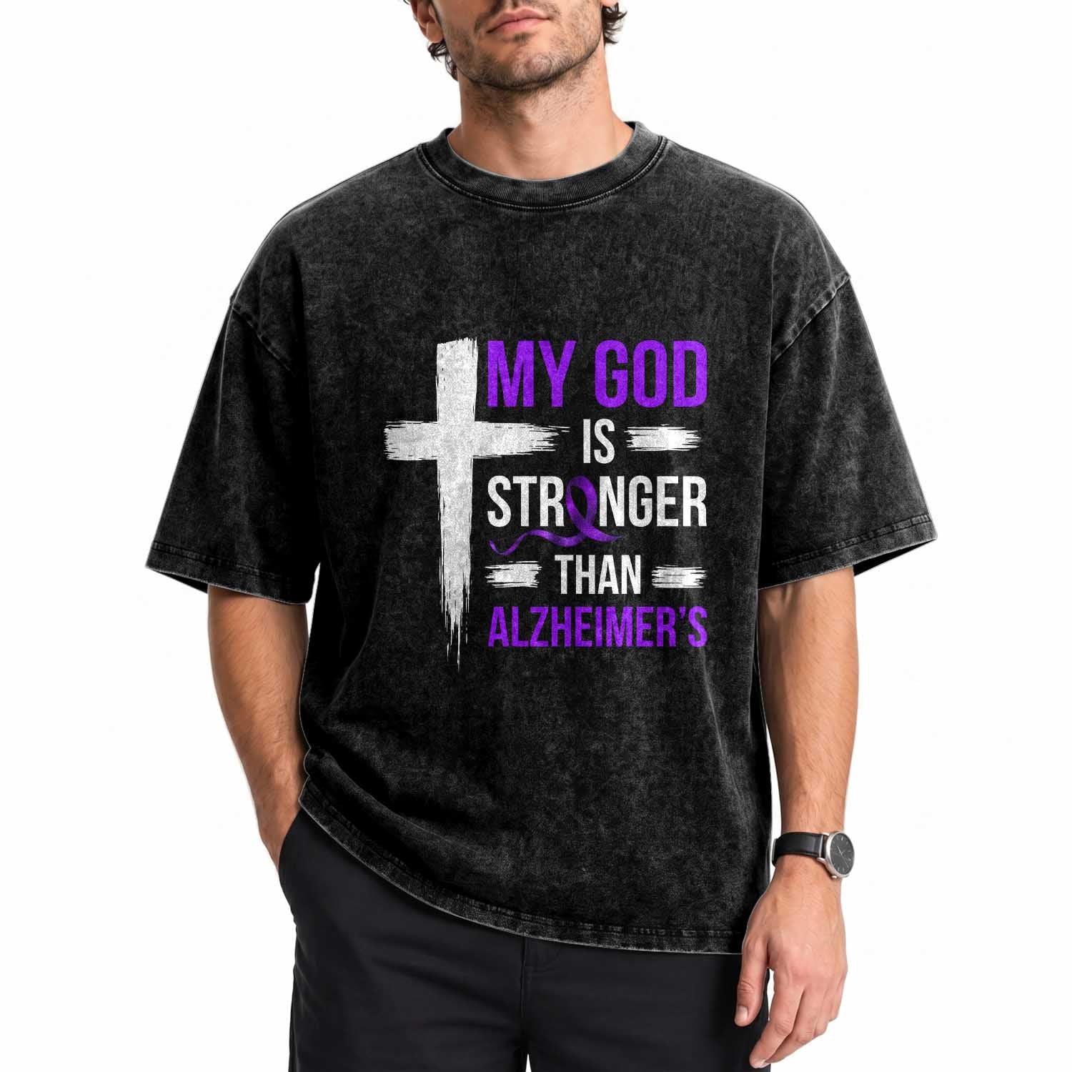 My God Is Stronger Than Alzheimers Washed Cotton T-Shirt Christian Purple Ribbon Faith Support