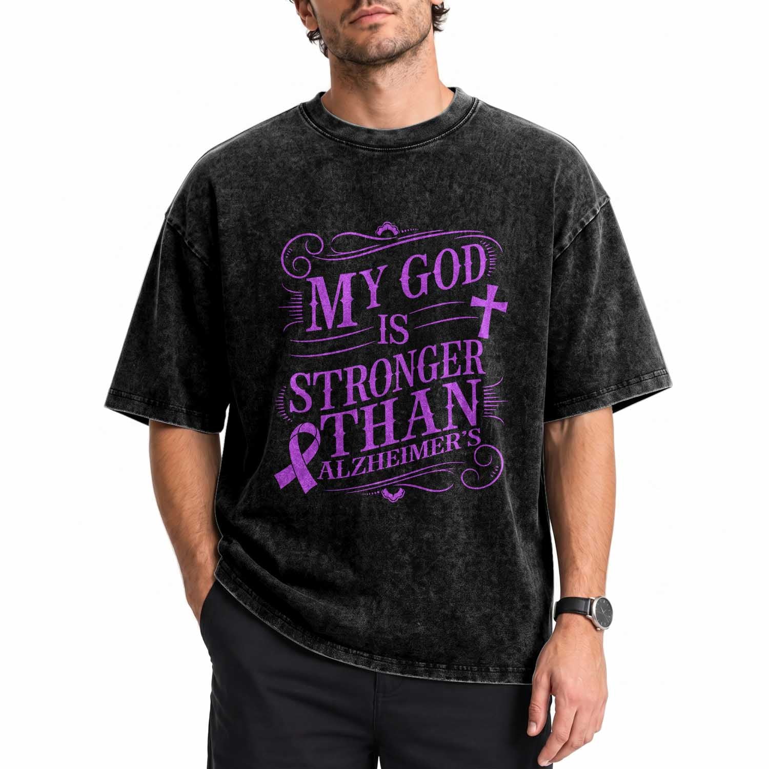 My God Is Stronger Than Alzheimers Washed Cotton T-Shirt Faith Hope Purple Ribbon Graphic