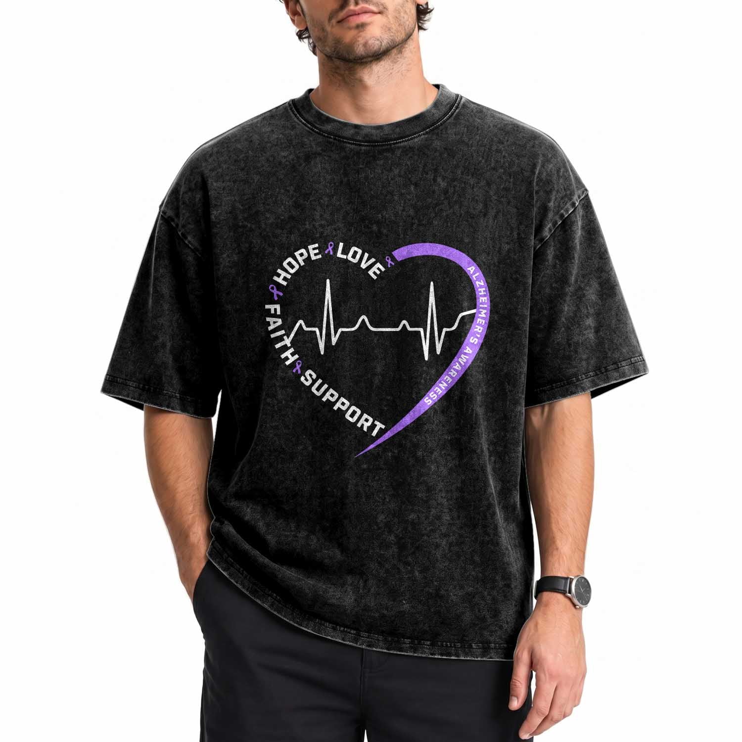 Alzheimers Awareness Heart Heartbeat Purple Ribbon Washed Cotton T-Shirt Hope Love Faith Support