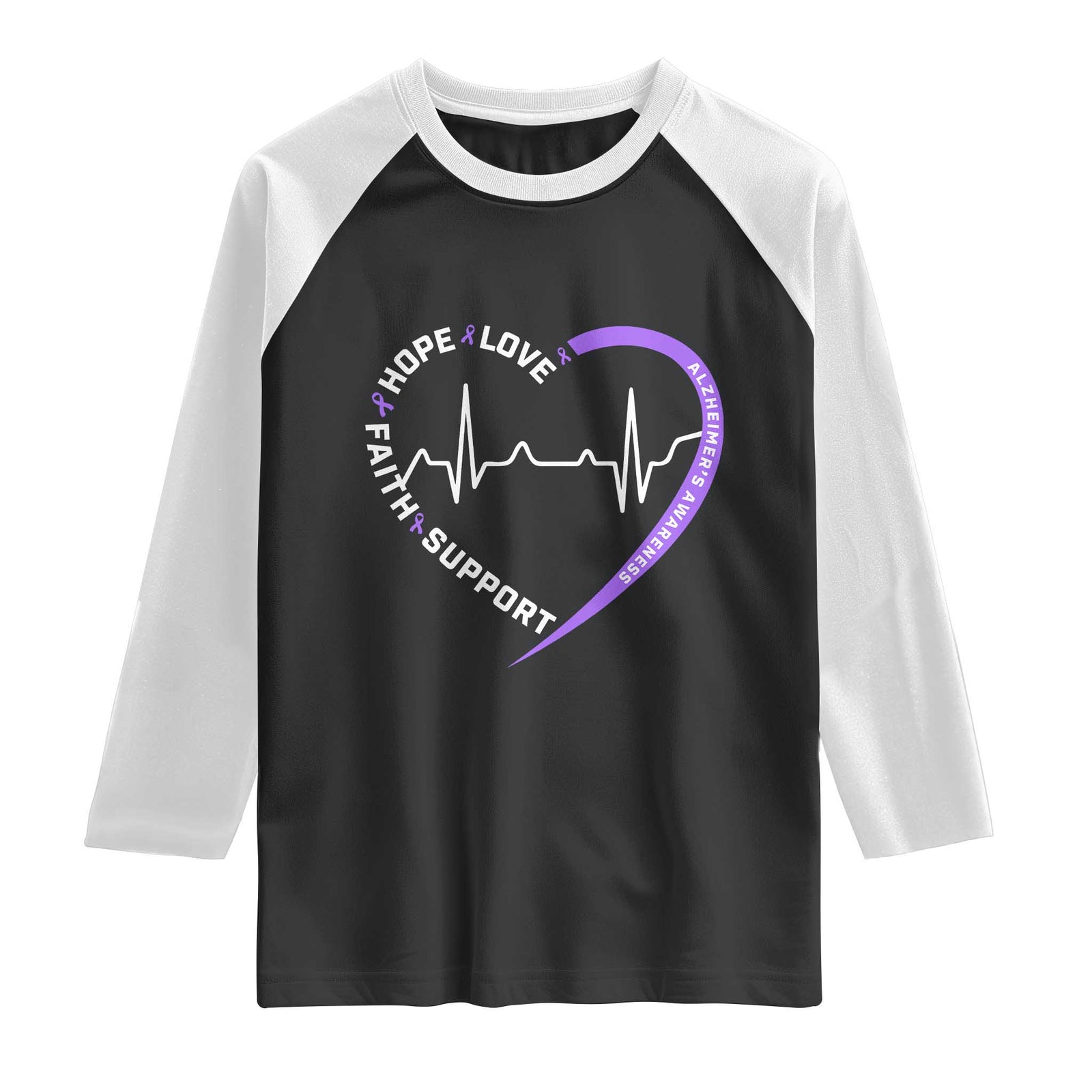 Alzheimers Awareness Heart Heartbeat Purple Ribbon Raglan Shirt Hope Love Faith Support TS12 Black White Print Your Wear