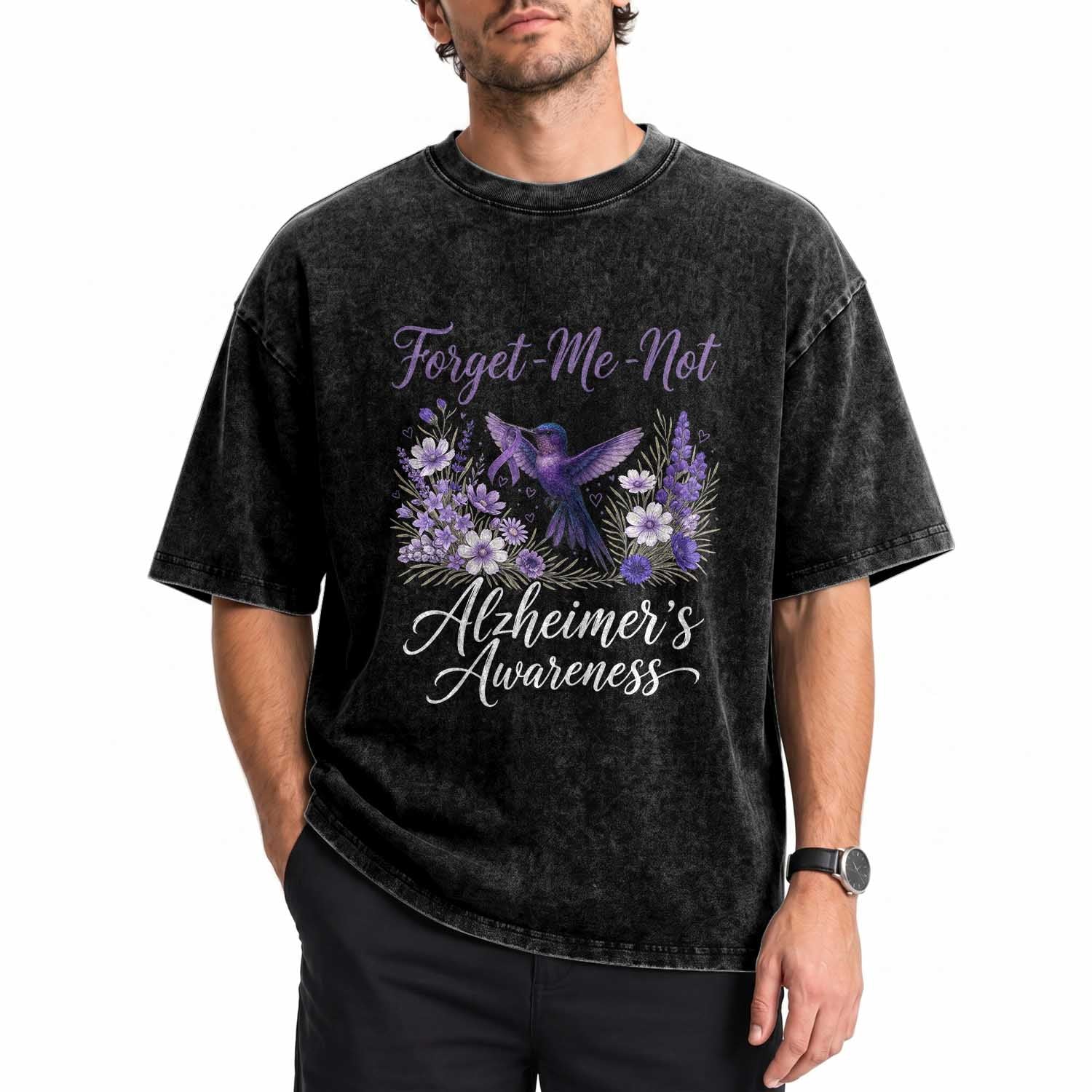 Forget Me Not Alzheimers Awareness Washed Cotton T-Shirt Hummingbird Purple Ribbon Floral