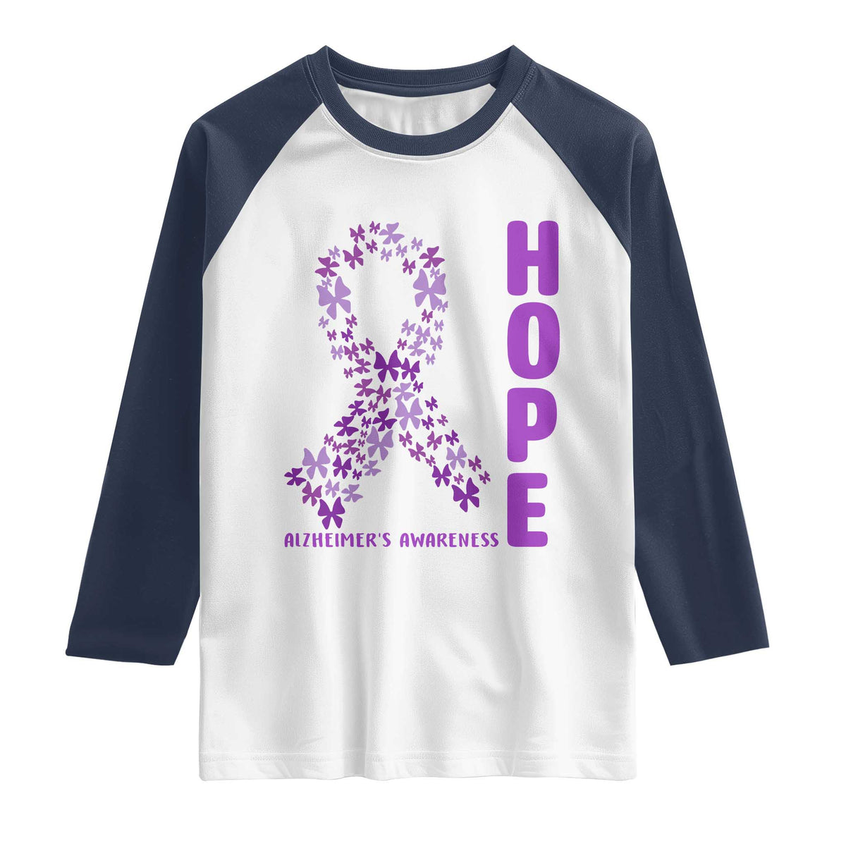 Hope Alzheimer's Awareness Purple Butterfly Ribbon Support Raglan Shirt TS12 White Navy Print Your Wear