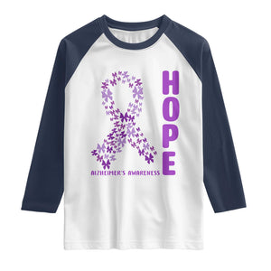 Hope Alzheimer's Awareness Purple Butterfly Ribbon Support Raglan Shirt TS12 White Navy Print Your Wear