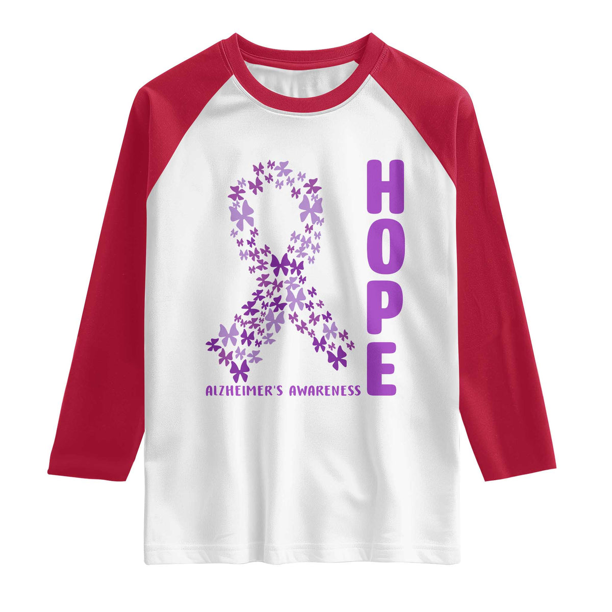 Hope Alzheimer's Awareness Purple Butterfly Ribbon Support Raglan Shirt TS12 White Red Print Your Wear
