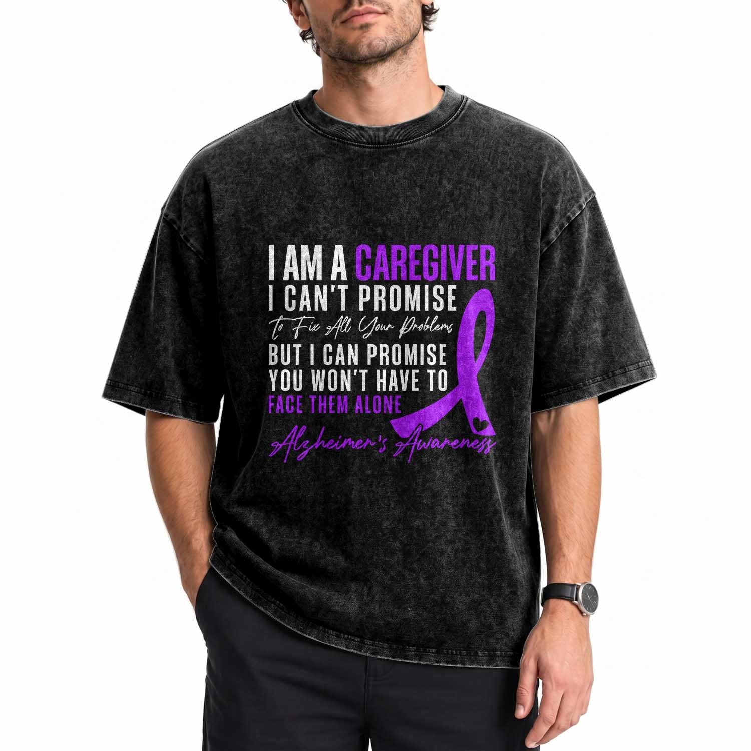 Alzheimer's Caregiver Support Washed Cotton T-Shirt Purple Ribbon Hope Graphic