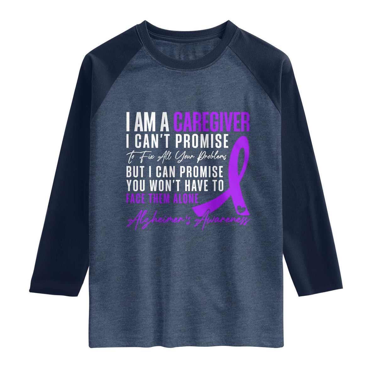 Alzheimer's Caregiver Support Raglan Shirt Purple Ribbon Hope Graphic TS12 Heather Denim Navy Print Your Wear