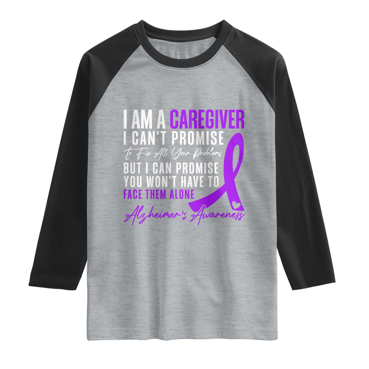 Alzheimer's Caregiver Support Raglan Shirt Purple Ribbon Hope Graphic TS12 Heather Gray Black Print Your Wear
