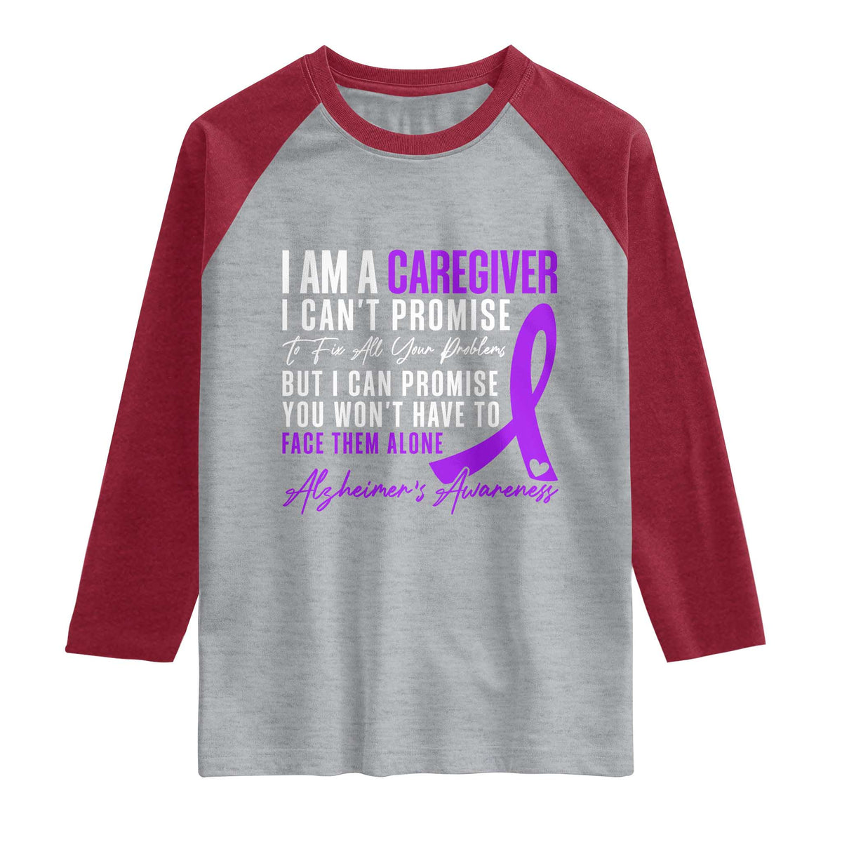 Alzheimer's Caregiver Support Raglan Shirt Purple Ribbon Hope Graphic TS12 Heather Gray Heather Red Print Your Wear