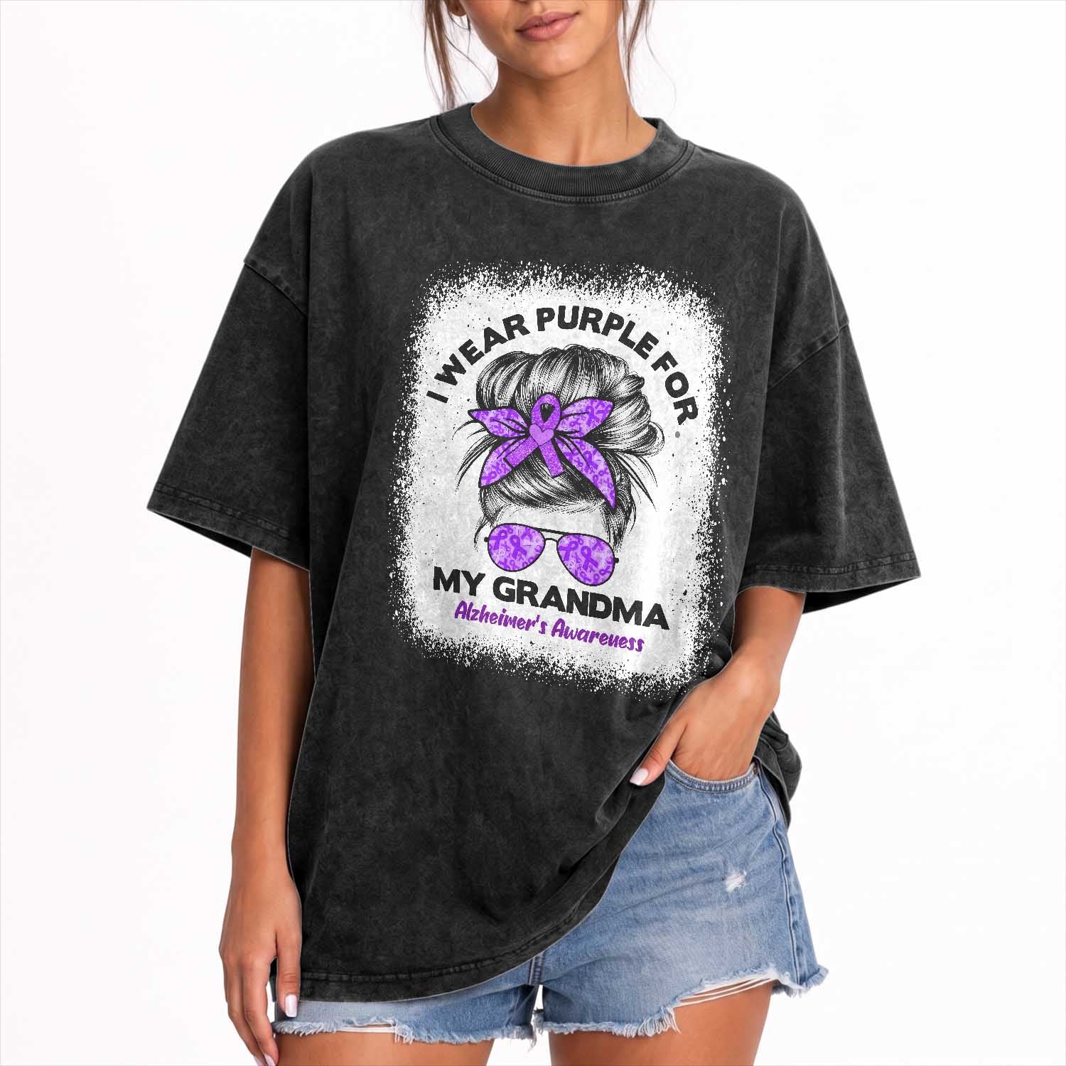 I Wear Purple For My Grandma Washed Cotton T-Shirt Alzheimers Awareness Messy Bun Graphic