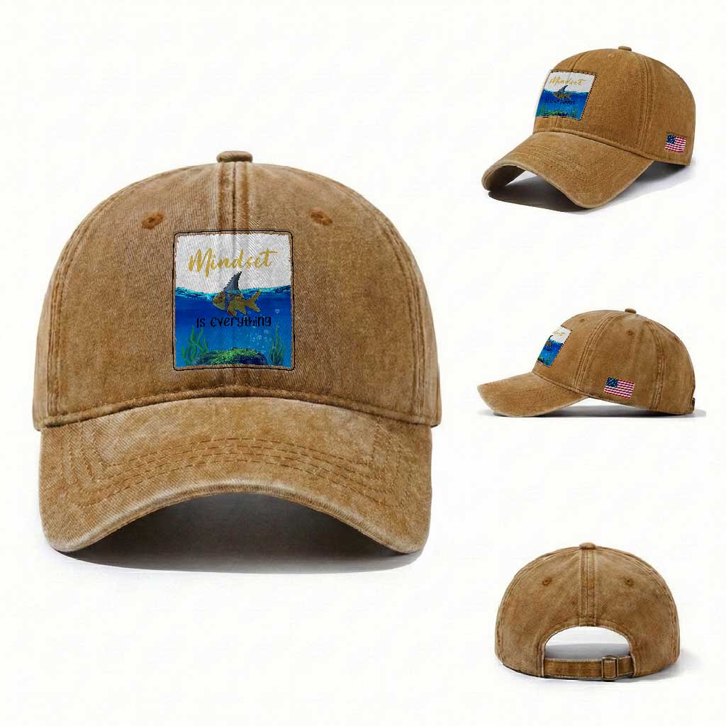 Mindset Is Everything Washed Cotton Baseball Cap Positive Thinking Motivation TS12 Washed Cap Universal Fit Yellow Ochre Print Your Wear