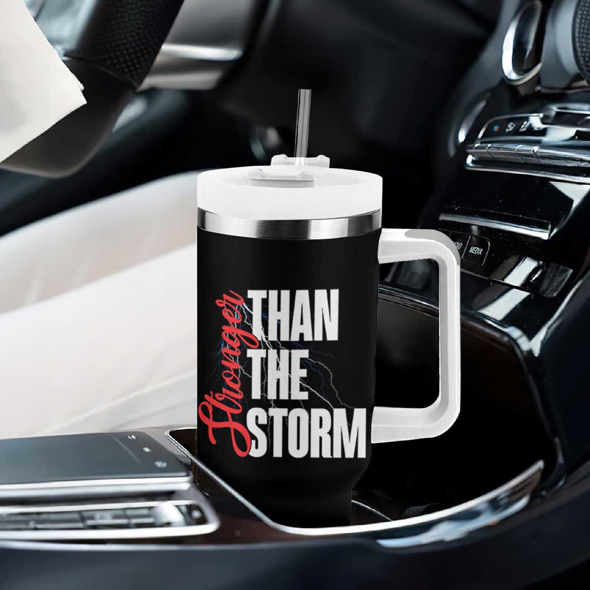 Stronger Than The Storm Tumbler With Handle Positive Mindset Motivation TS12 Print Your Wear
