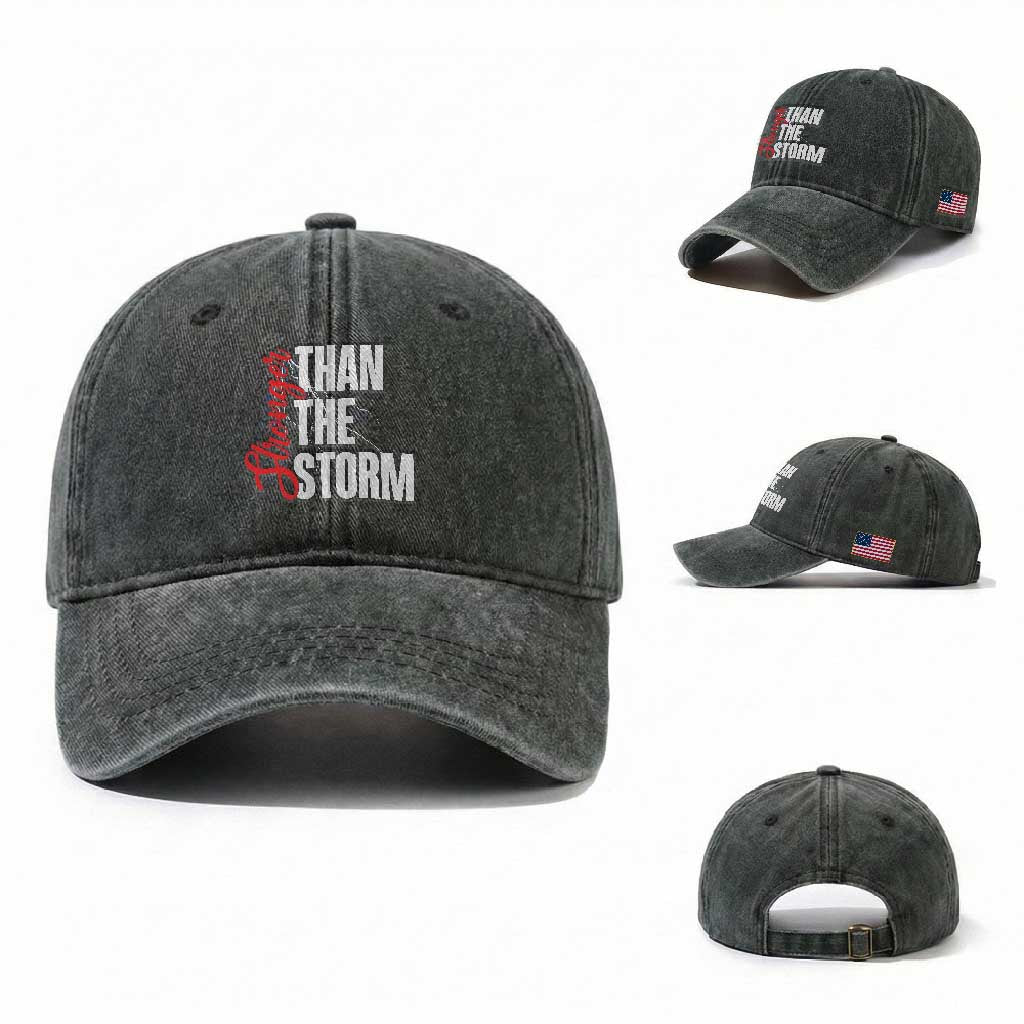Stronger Than The Storm Washed Cotton Baseball Cap Positive Mindset Motivation TS12 Washed Cap Universal Fit Dark Green Print Your Wear