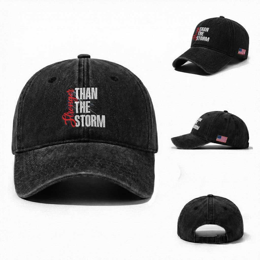 Stronger Than The Storm Washed Cotton Baseball Cap Positive Mindset Motivation TS12 Washed Cap Universal Fit Black Print Your Wear