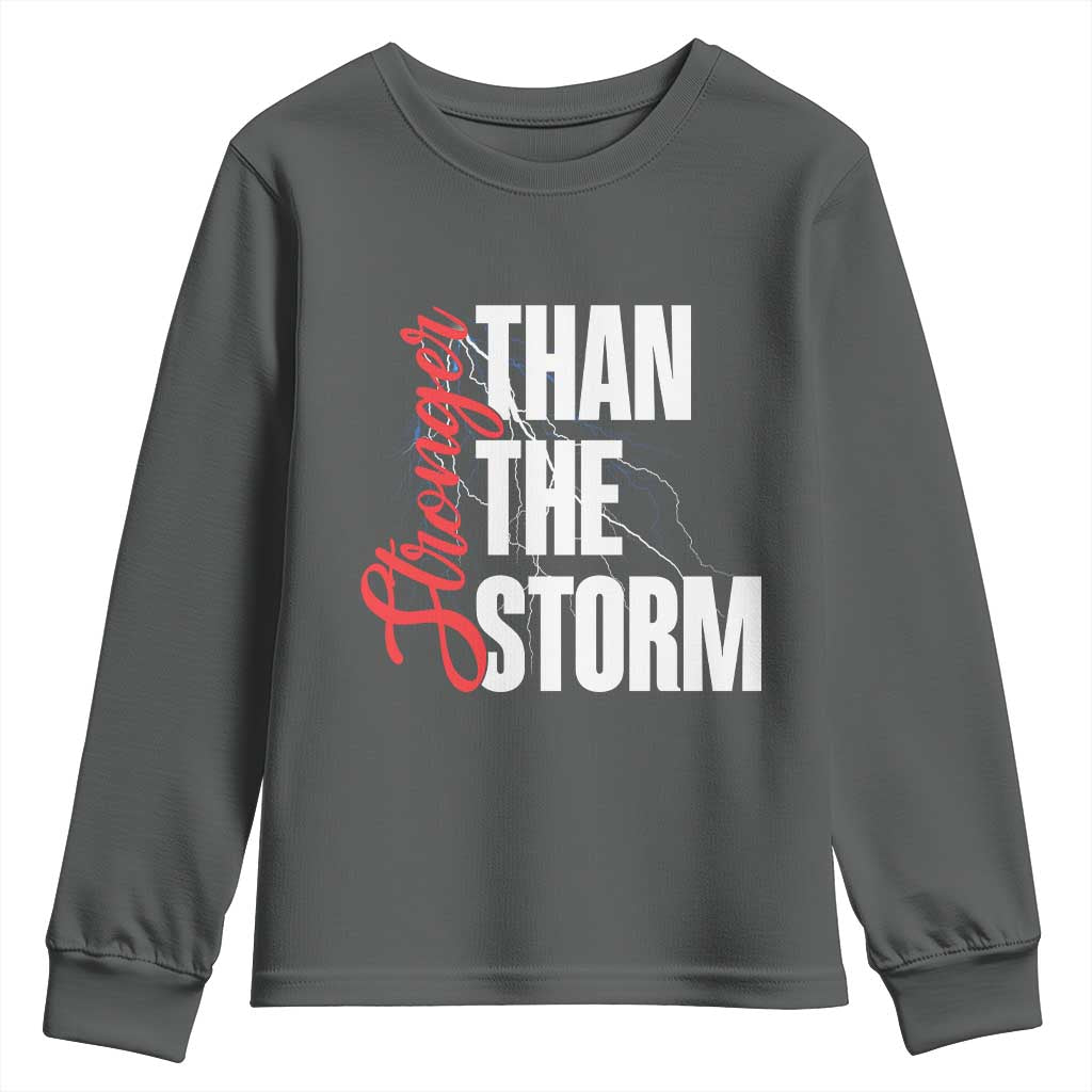Stronger Than The Storm Youth Sweatshirt Positive Mindset Motivation TS12 Dark Heather Print Your Wear