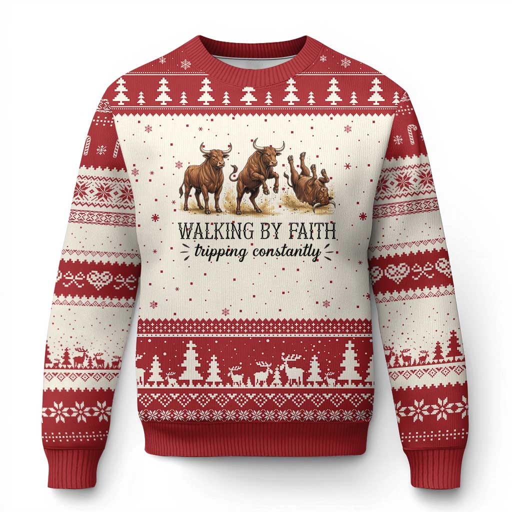 Funny Bull Western Christian Gift Ugly Christmas Sweater Walking By Faith Tripping Constantly
