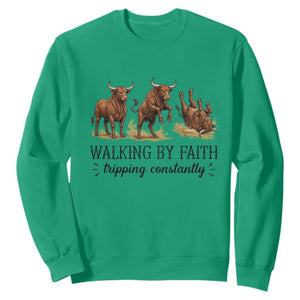 Funny Bull Western Christian Gift Sweatshirt Walking By Faith Tripping Constantly