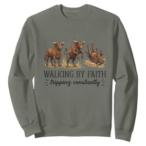 Funny Bull Western Christian Gift Sweatshirt Walking By Faith Tripping Constantly