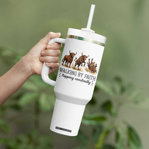 Funny Bull Western Christian Gift Tumbler With Handle Walking By Faith Tripping Constantly