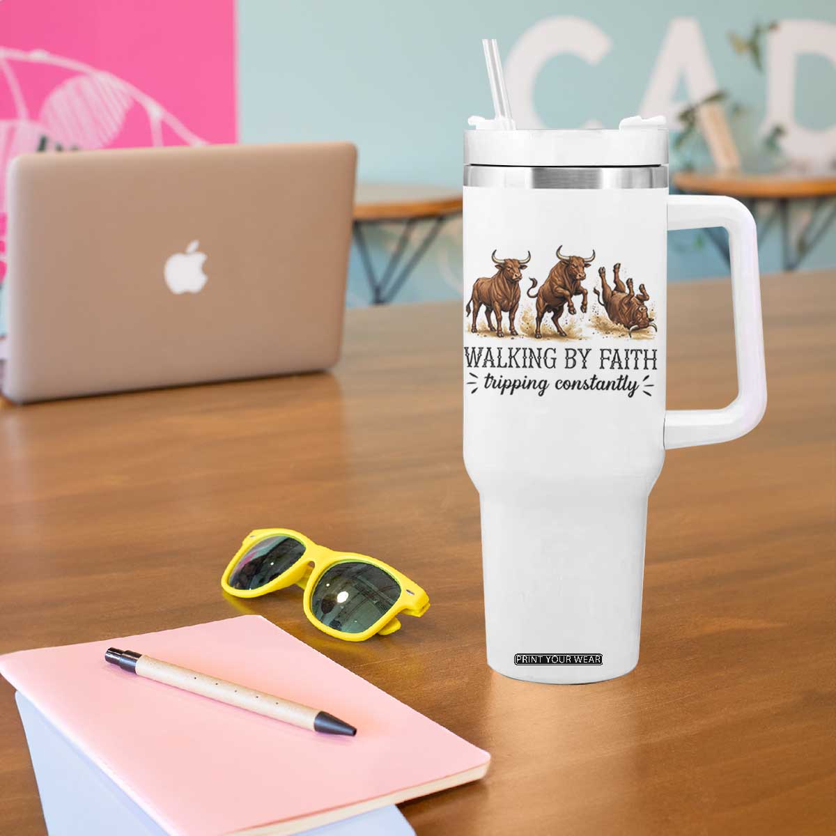 Funny Bull Western Christian Gift Tumbler With Handle Walking By Faith Tripping Constantly